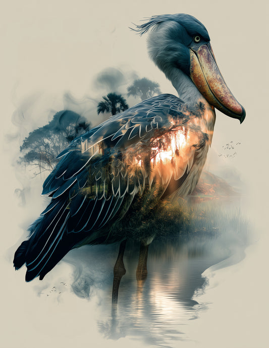 Shoebill Stork — Double Exposure Art, Balanced Tones Digital Wall Art, 3 Sizes Included, Living Room Decor