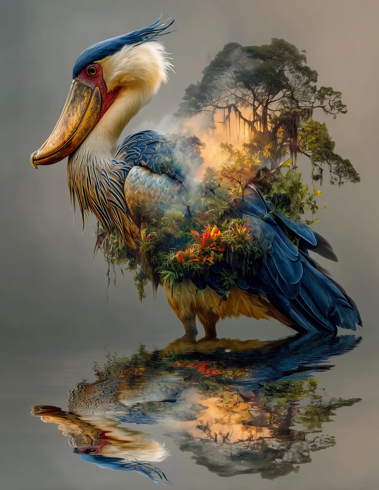 Shoebill Stork — Double Exposure Art, Forest Hues Digital Wall Art, 3 Sizes Included, Living Room Decor