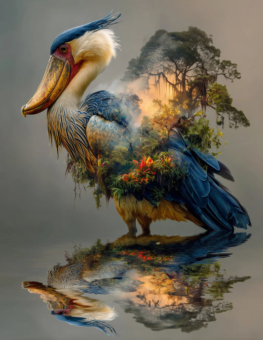 Shoebill Stork — Double Exposure Art, Forest Hues Digital Wall Art, 3 Sizes Included, Living Room Decor