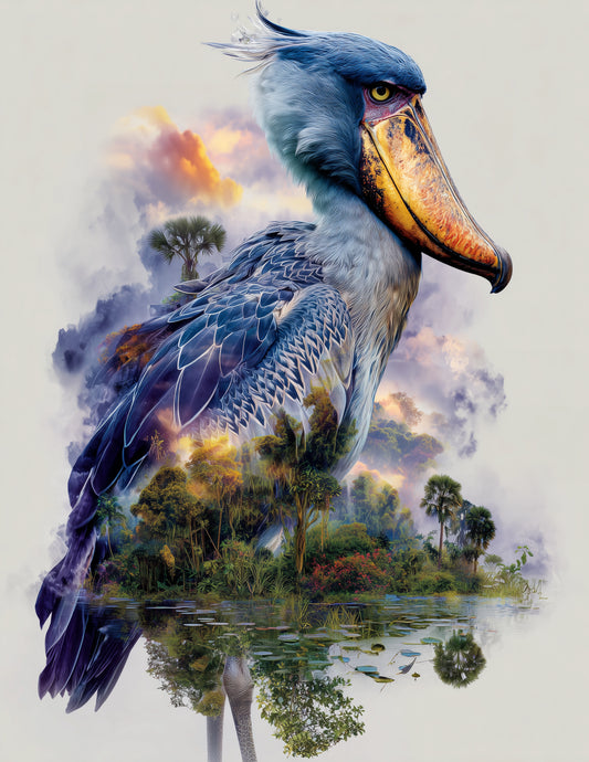 Shoebill Stork — Double Exposure Art, Serene Hues Digital Wall Art, 3 Sizes Included, Living Room Decor