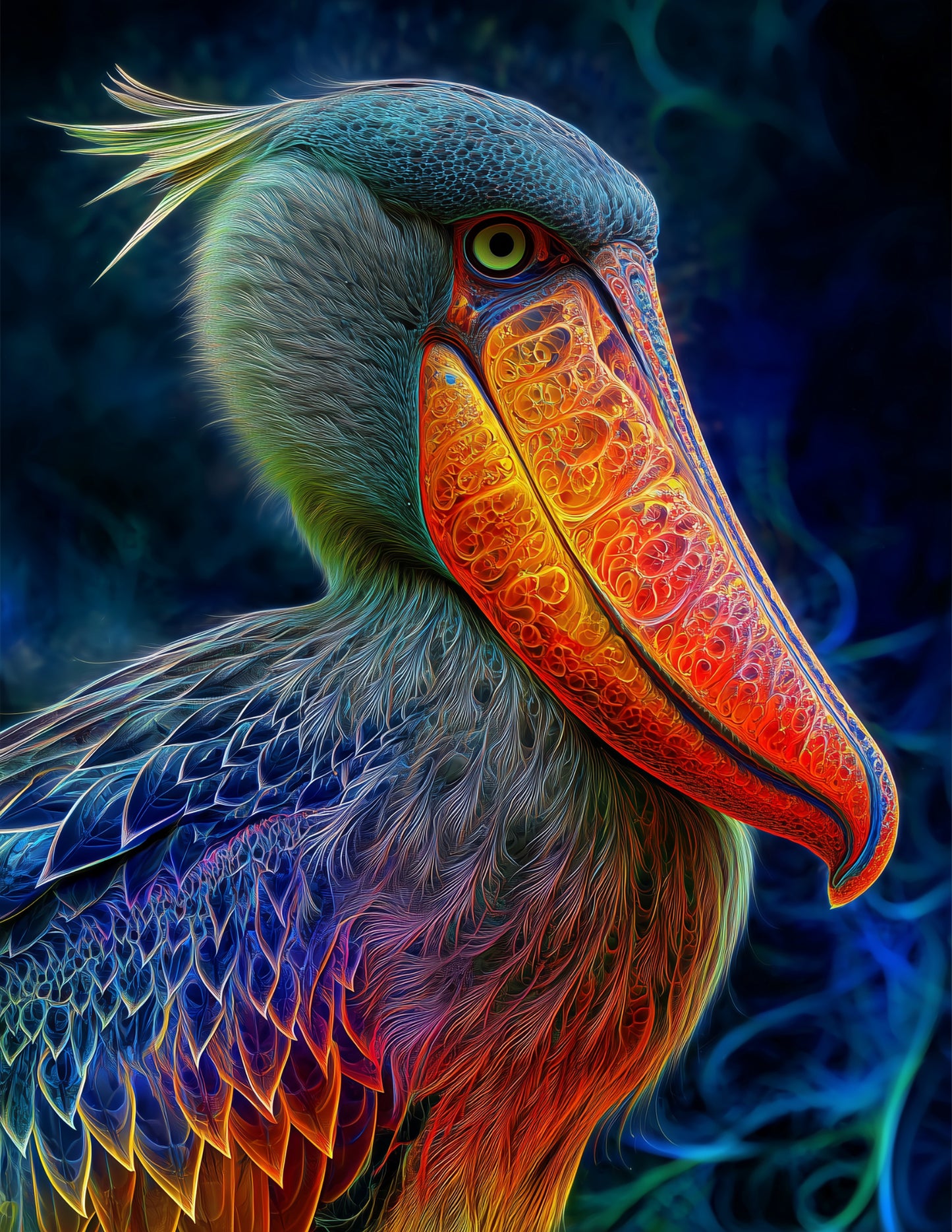 Shoebill Stork — Fractal Filigree Art, Vibrant Palette Digital Wall Art, 3 Sizes Included, Living Room Decor