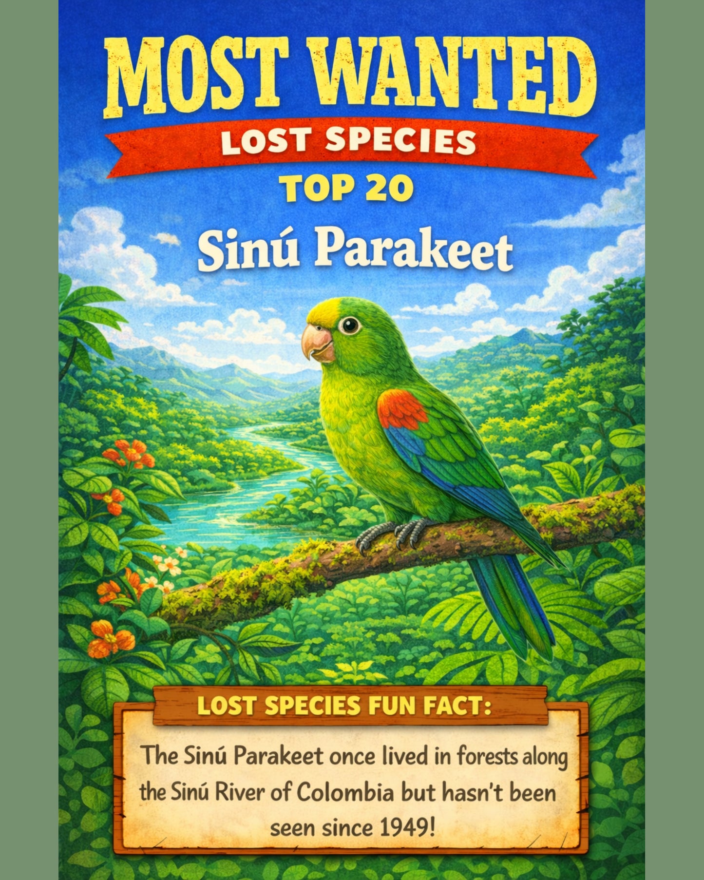 Sinú Parakeet — Lost Species Art, Most Wanted Top 20, 3 Sizes Included, Living Room Decor