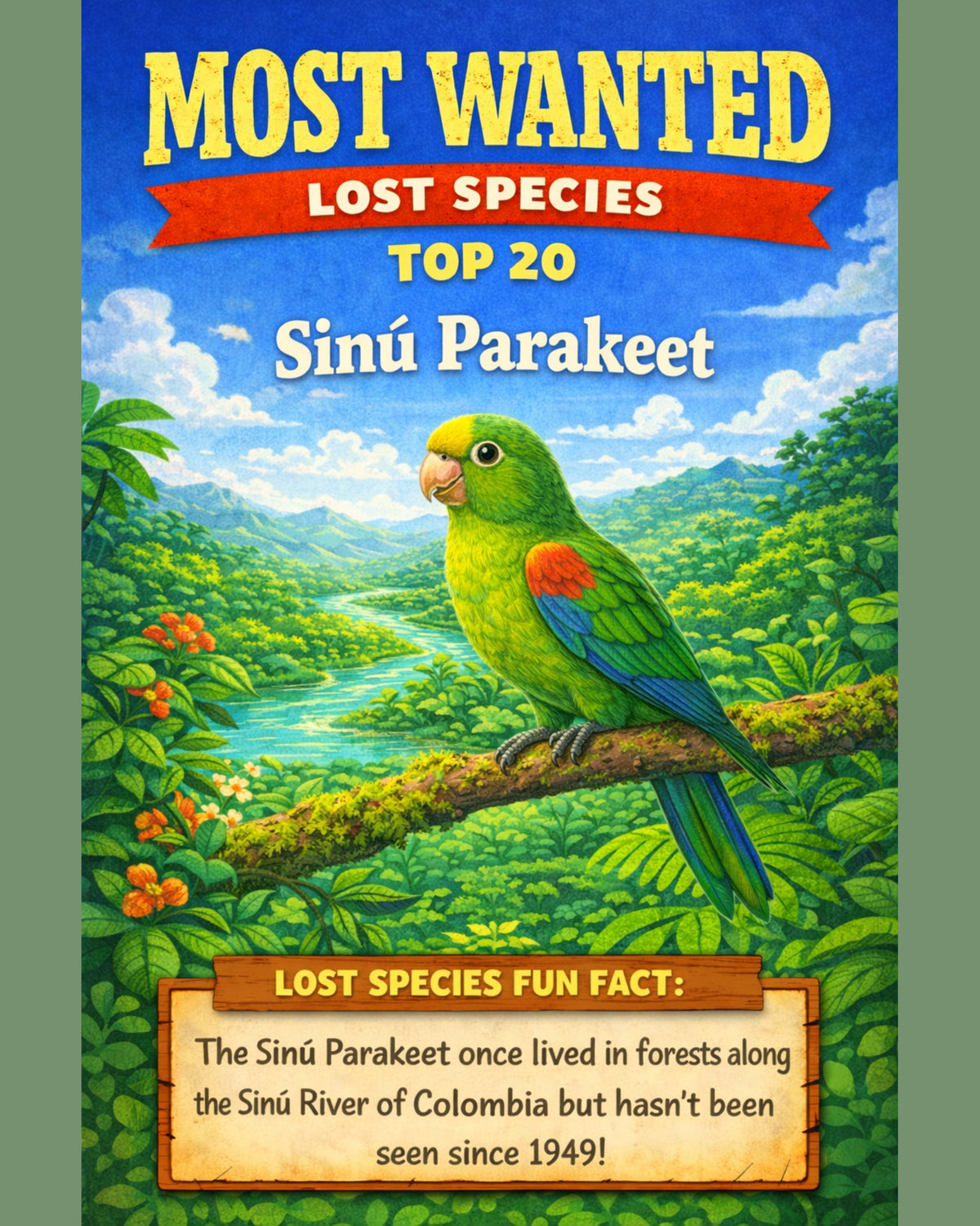 Sinú Parakeet — Lost Species Art, Most Wanted Top 20, 3 Sizes Included, Living Room Decor