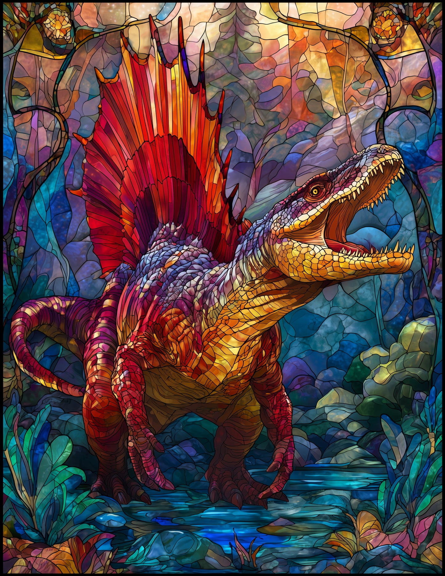Spinosaurus — Stained Glass Art, Jewel Tones Digital Wall Art, 3 Sizes Included, Living Room Decor