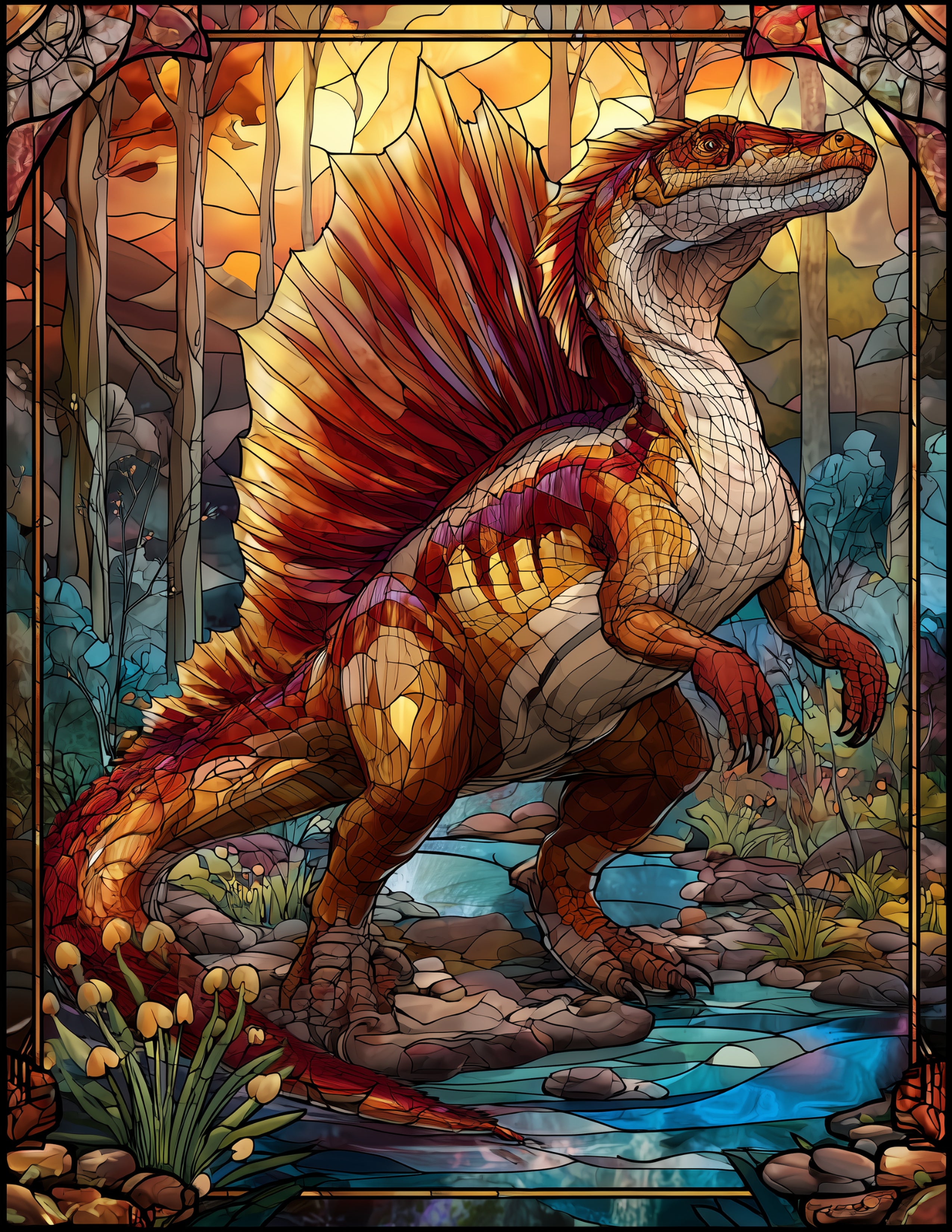 Spinosaurus — Stained Glass Art, Refined Detail Digital Wall Art, 3 Sizes Included, Living Room Decor