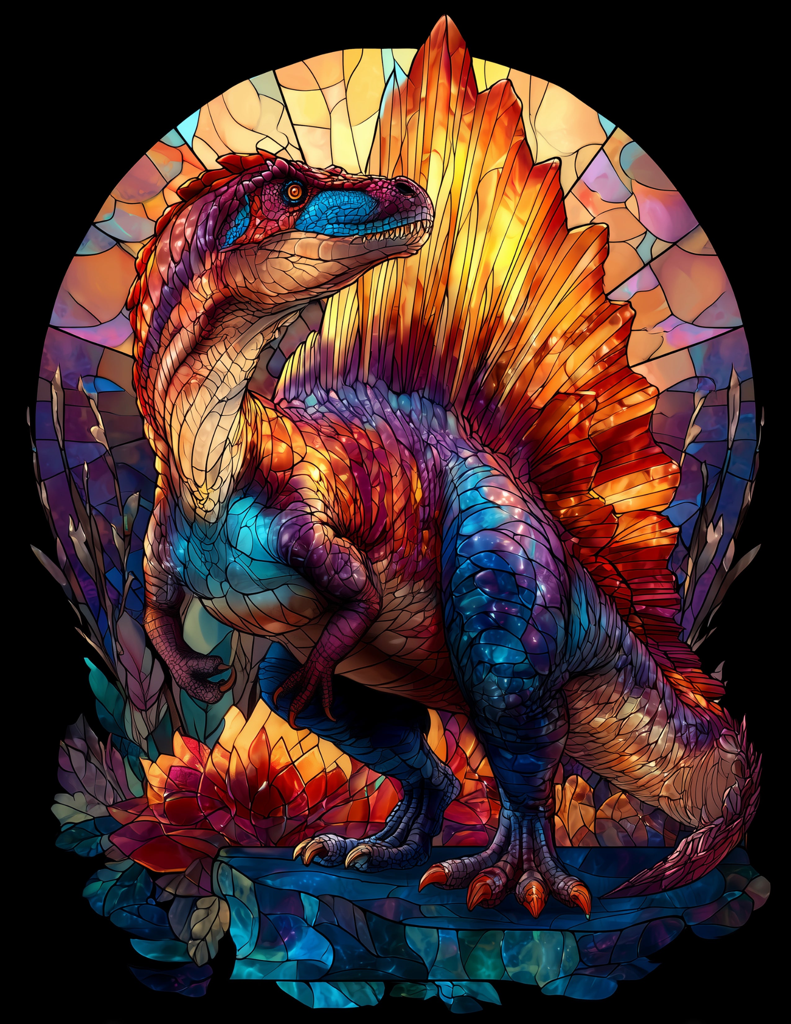 Spinosaurus — Stained Glass Art, Warm Tones Digital Wall Art, 3 Sizes Included, Living Room Decor