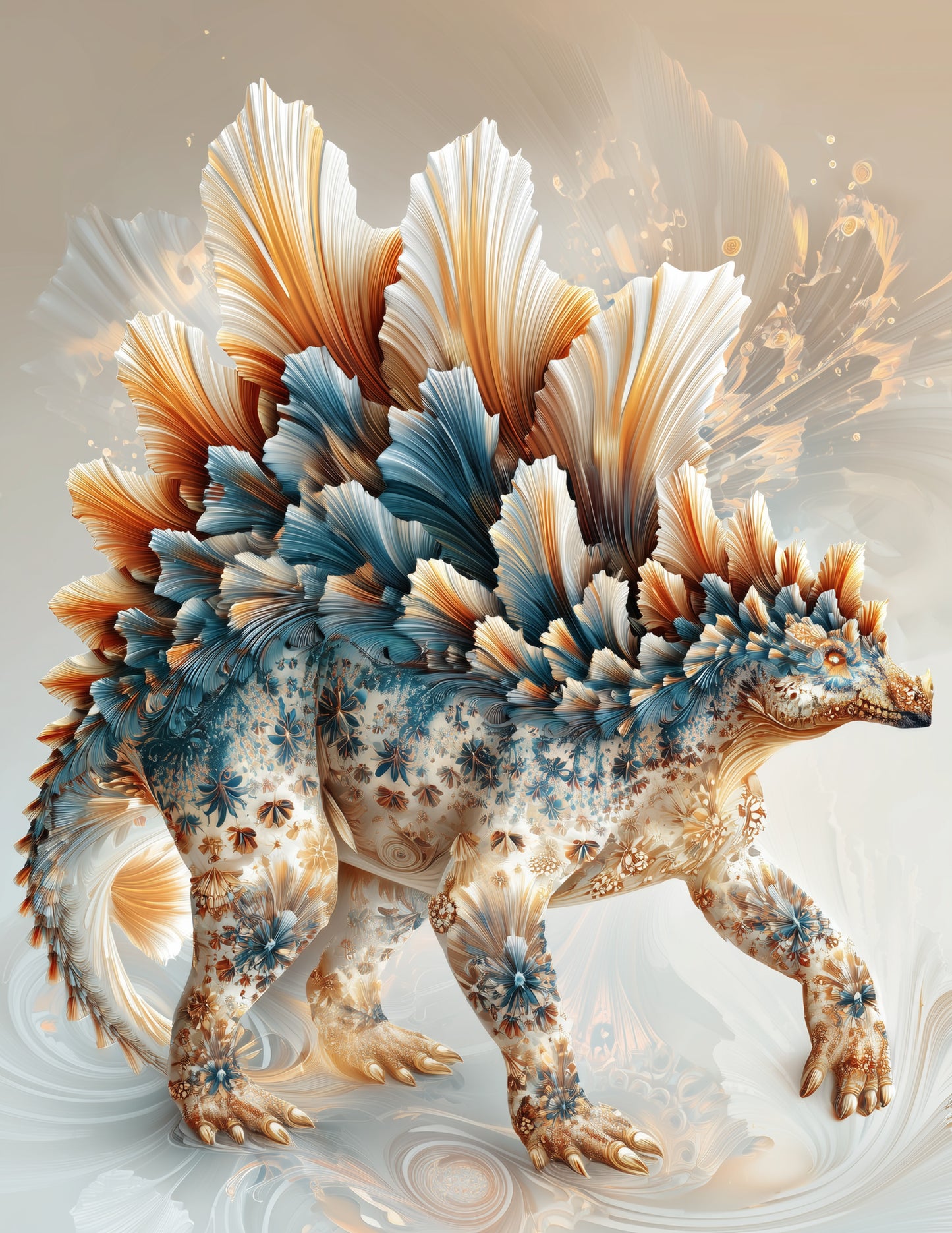 Stegosaurus — Fractal Filigree Art, Coral Hues Digital Wall Art, 3 Sizes Included, Living Room Decor