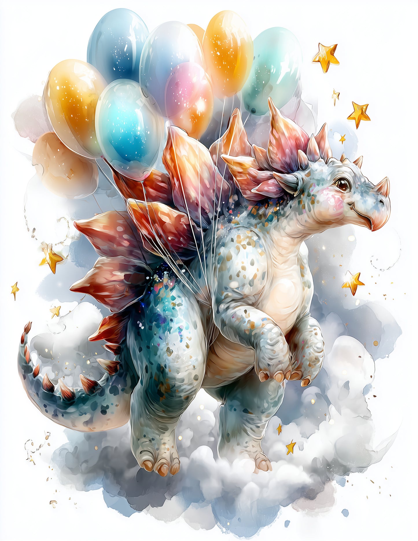 Stegosaurus — Nursery Art, Soft Pastels Balloons Digital Wall Art, 3 Sizes Included, Nursery Decor