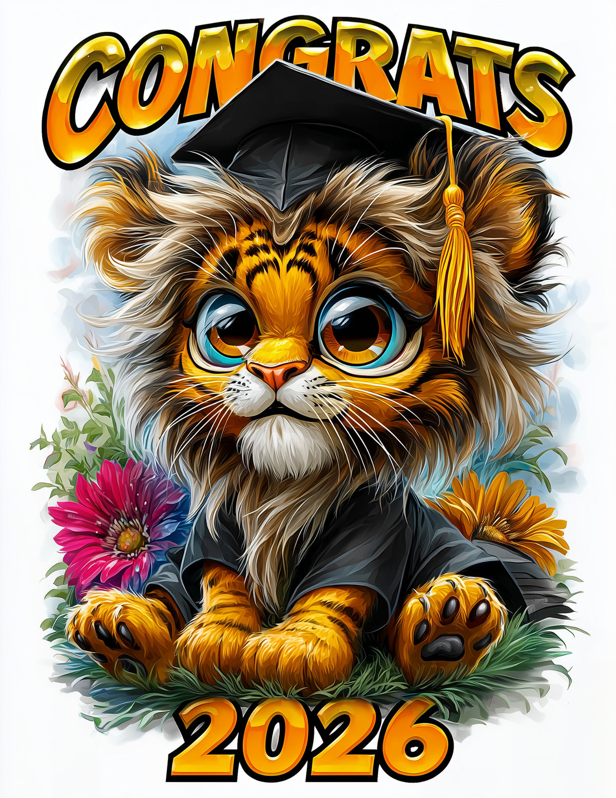 Tiger — Graduation Cute Cartoon Art, Warm Pastels Digital Wall Art, 3 Sizes Included, Nursery Decor