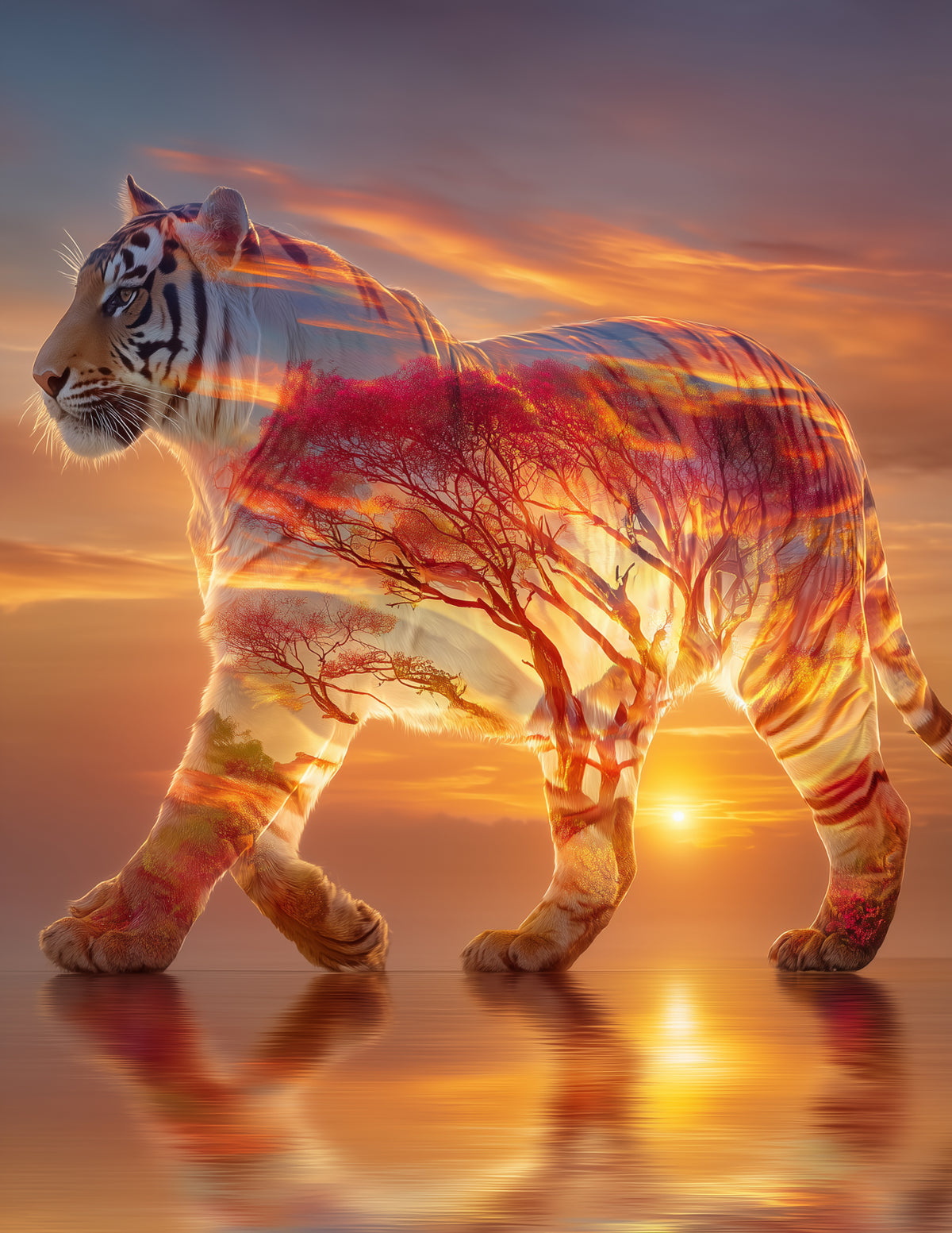 Tiger — Double-Exposure Art, Golden Hues Digital Wall Art, 3 Sizes Included, Living Room Decor