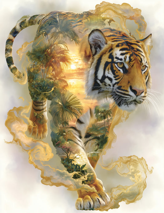 Tiger — Double-Exposure Art, Sunset Tones Digital Wall Art, 3 Sizes Included, Living Room Decor