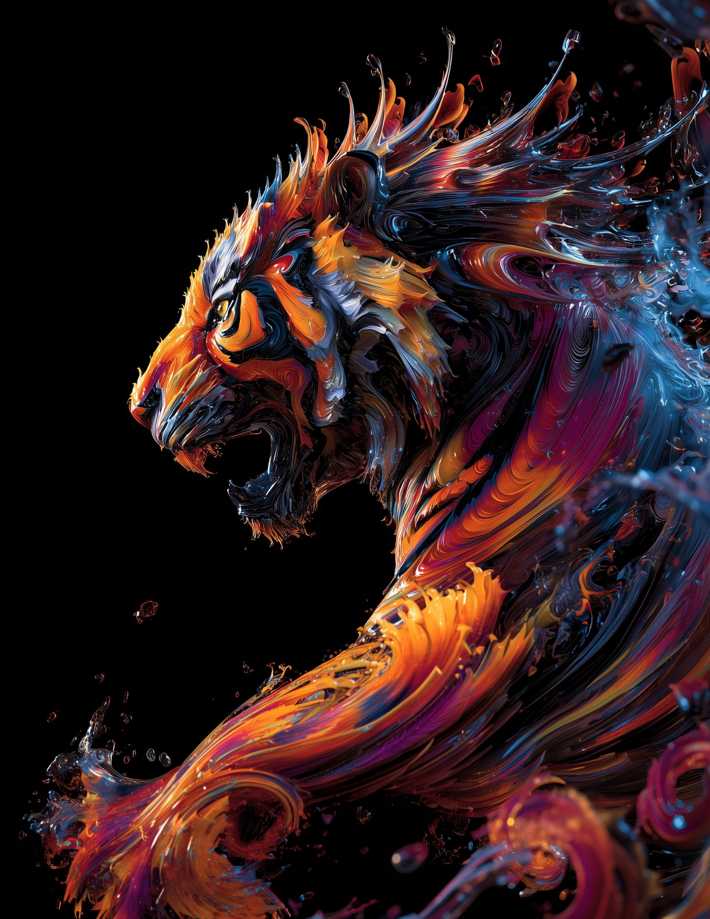 Tiger — Ferrofluid Art, Midnight Tones Digital Wall Art, 3 Sizes Included, Living Room Decor