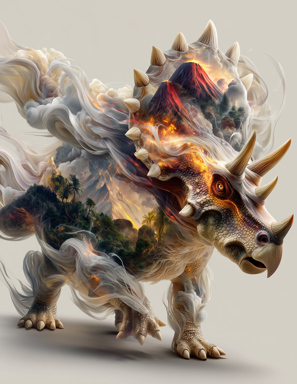 Triceratops — Double Exposure Art, Volcanic Tones Digital Wall Art, 3 Sizes Included, Living Room Decor