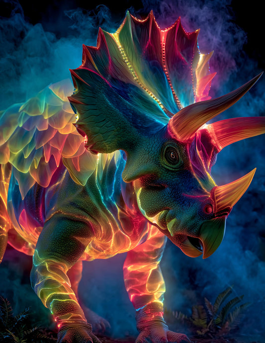 Triceratops — Ferrofluid Art, Neon Glow Digital Wall Art, 3 Sizes Included, Living Room Decor