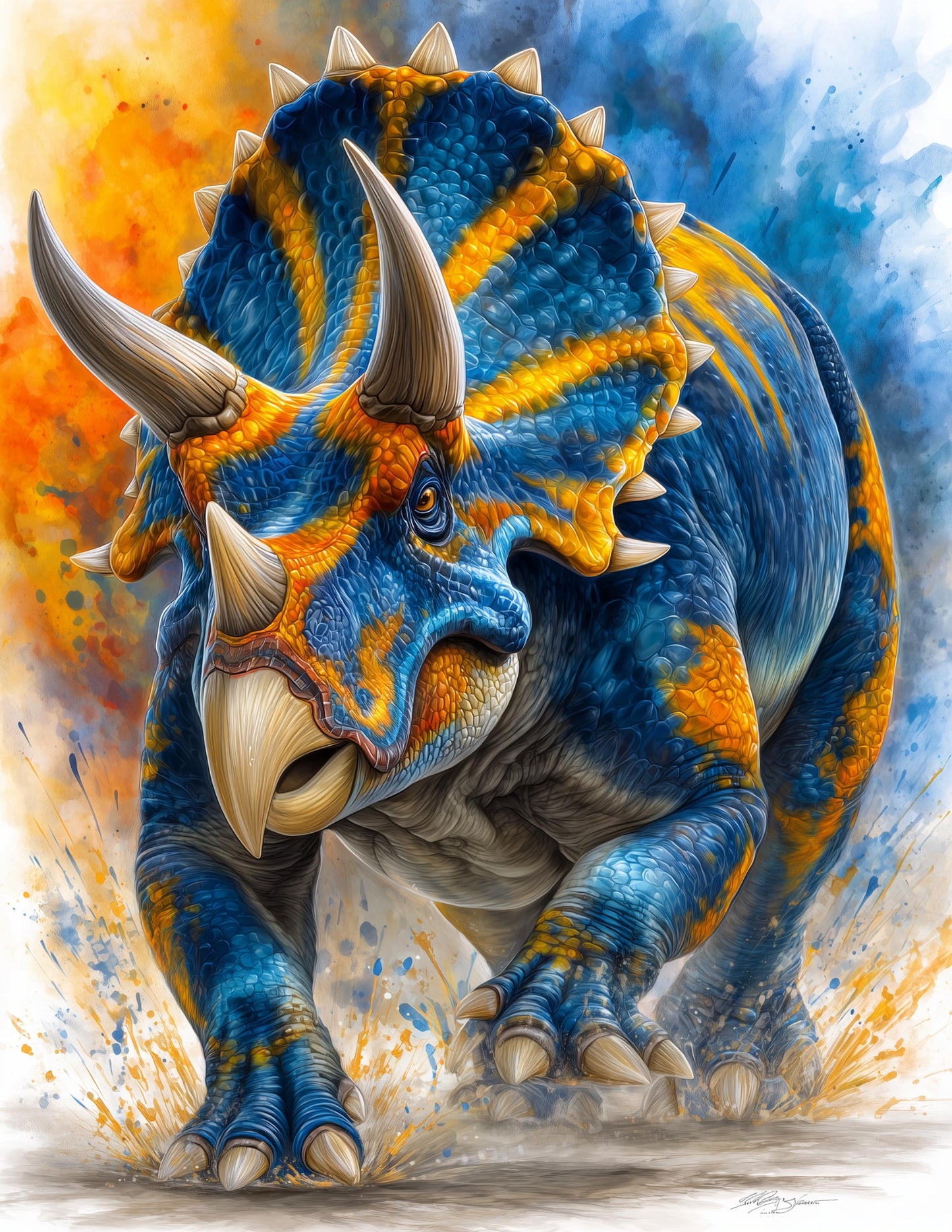 Triceratops — Watercolor Art, Ocean Mist Digital Wall Art, 3 Sizes Included, Living Room Decor