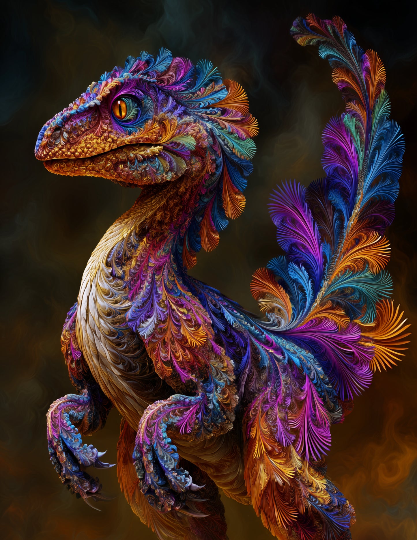 Velociraptor — Fractal Filigree Art, Vibrant Palette Digital Wall Art, 3 Sizes Included, Living Room Decor