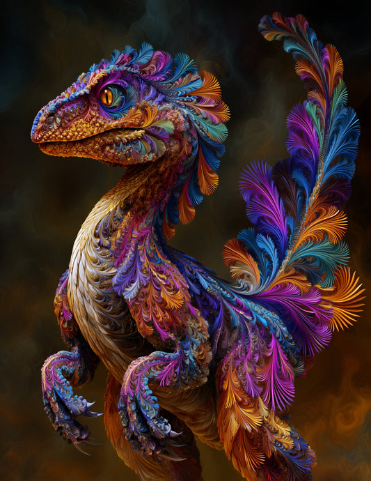 Velociraptor — Fractal Filigree Art, Vibrant Palette Digital Wall Art, 3 Sizes Included, Living Room Decor