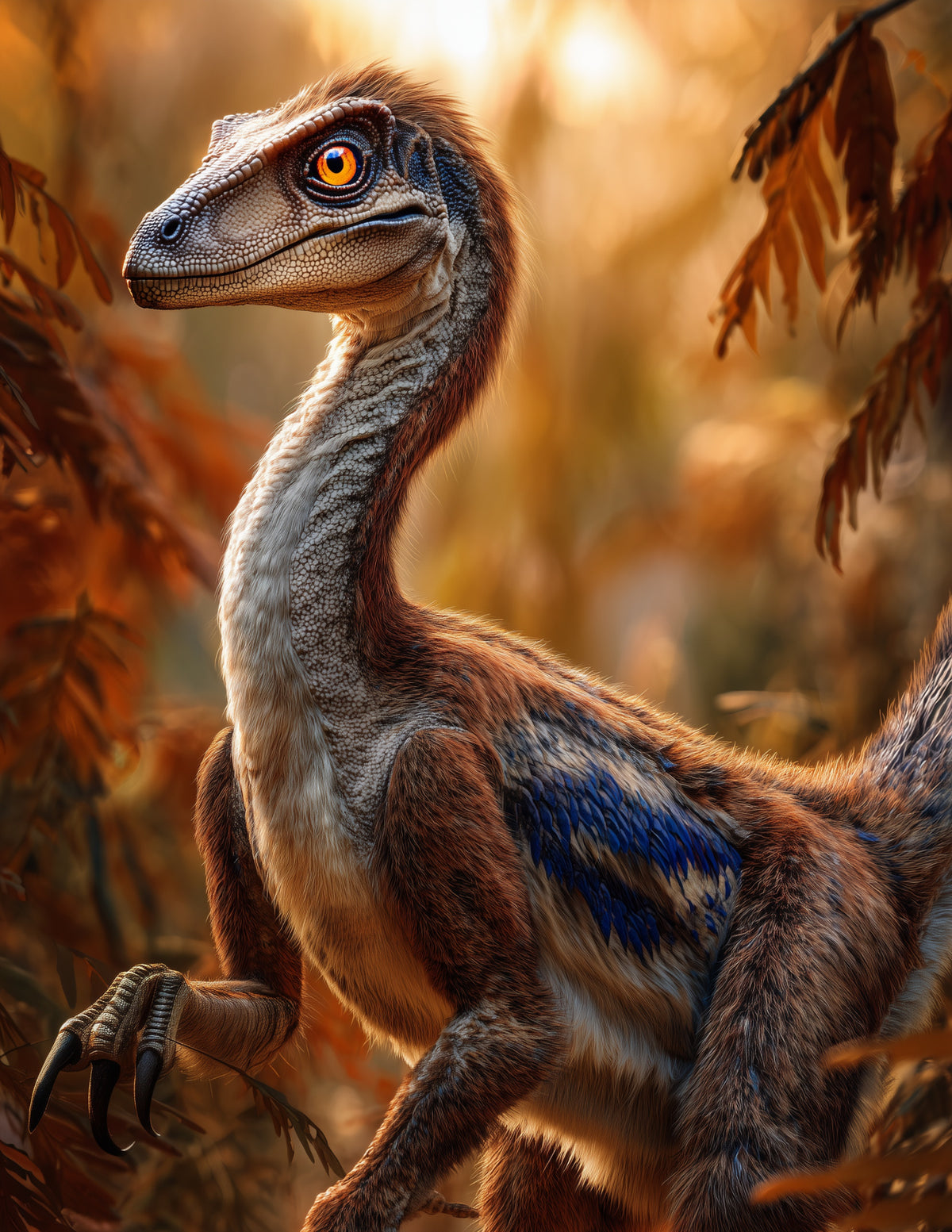 Velociraptor — Realistic Art, Warm Tones Blue Digital Wall Art, 3 Sizes Included, Living Room Decor