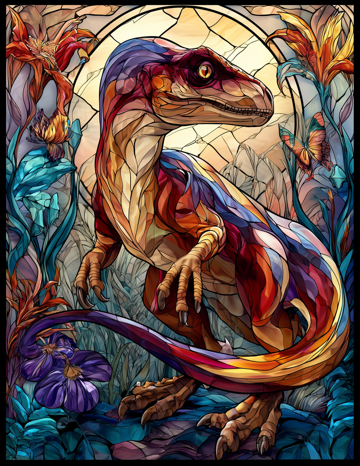 Velociraptor — Stained Glass Art, Refined Detail Digital Wall Art, 3 Sizes Included, Living Room Decor