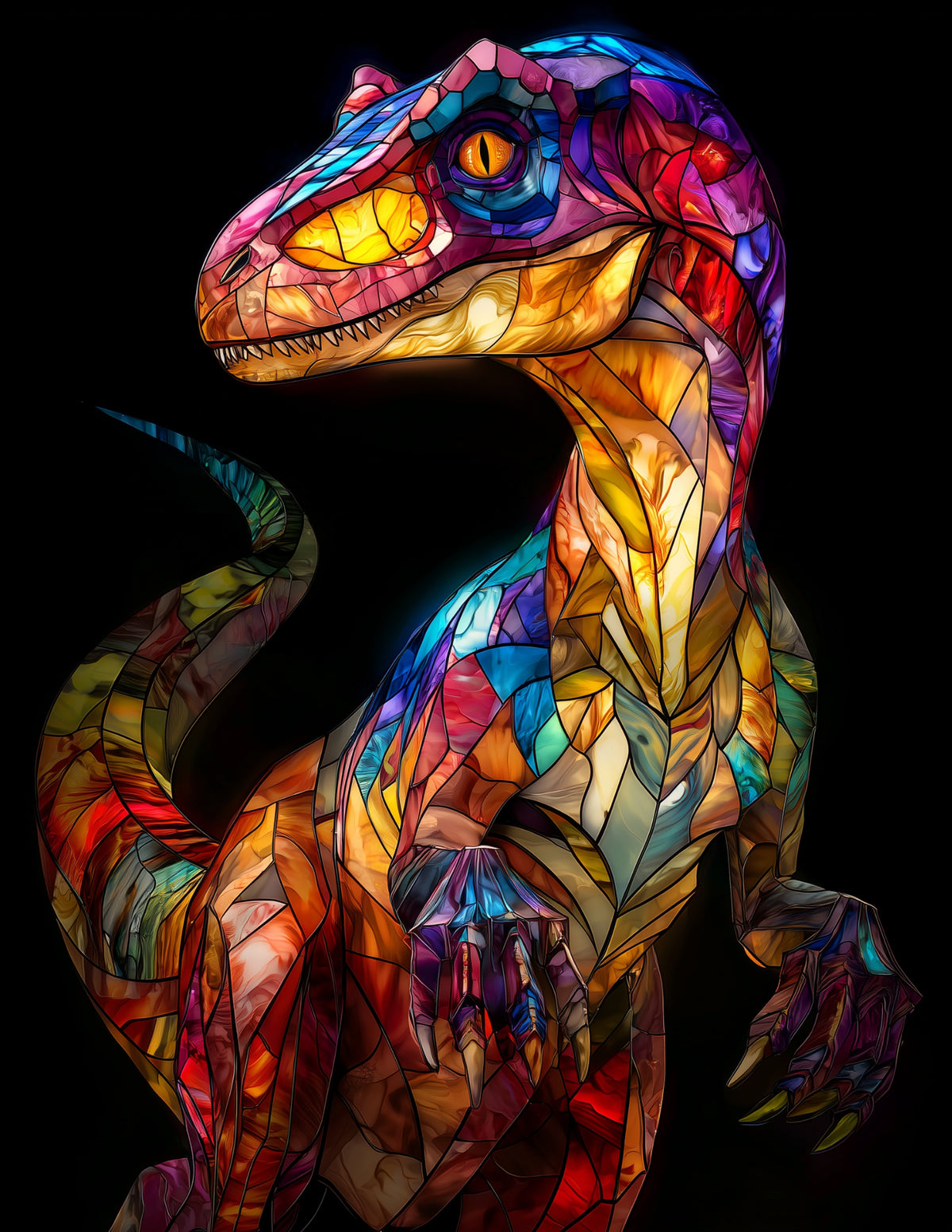 Velociraptor — Stained Glass Art, Vibrant Palette Digital Wall Art, 3 Sizes Included, Living Room Decor