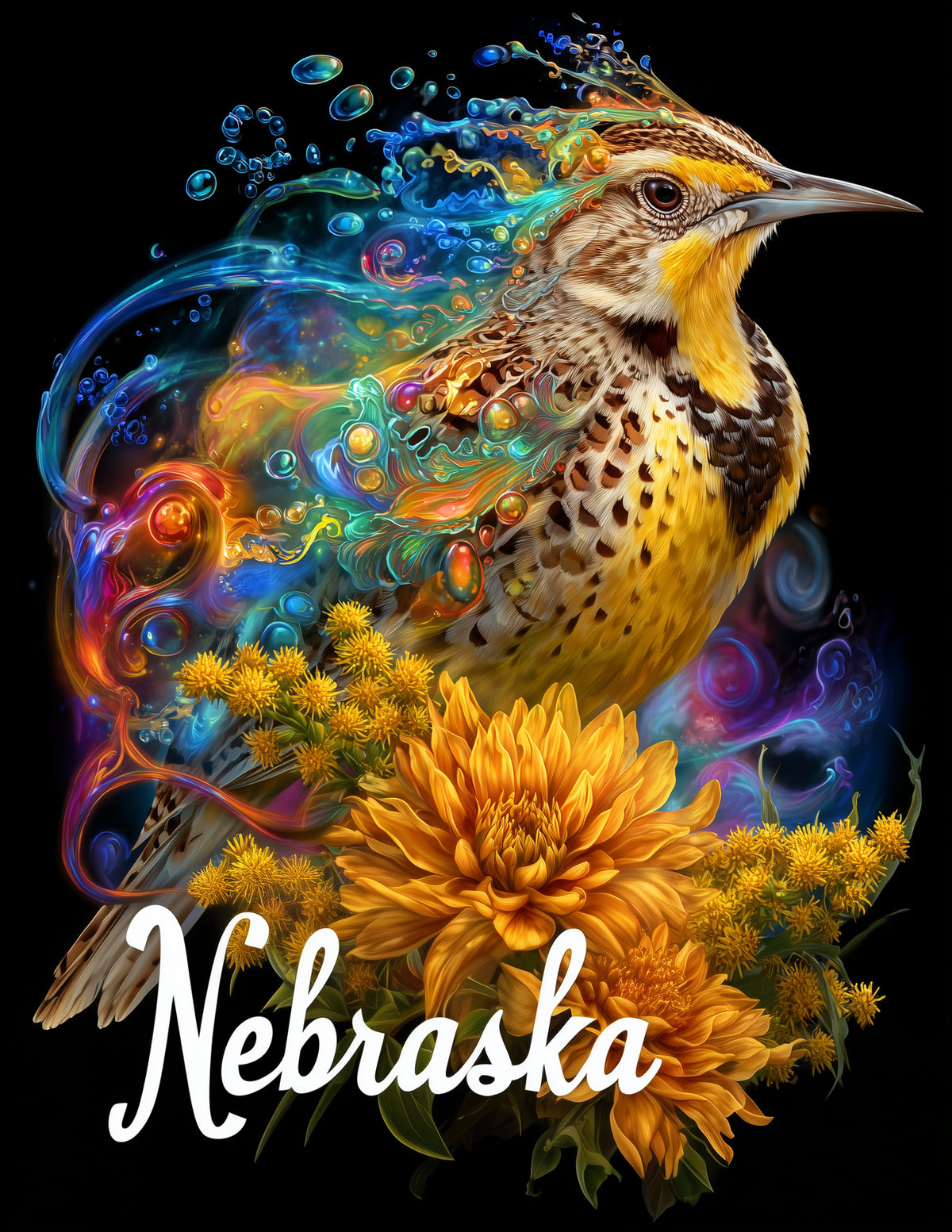 Western Meadowlark Nebraska — Psychedelic Art, Sunset Tones Digital Wall Art, 3 Sizes Included, Living Room Decor