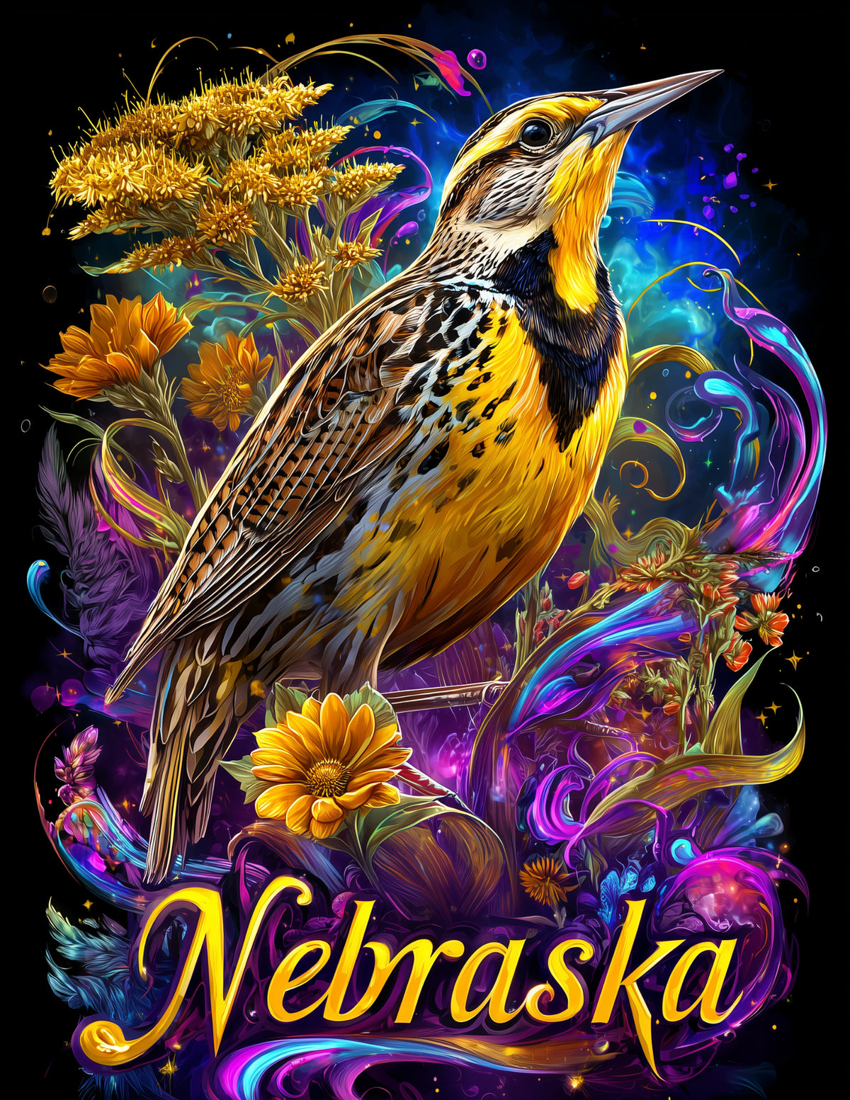 Western Meadowlark Nebraska — Psychedelic Art, Vibrant Palette Digital Wall Art, 3 Sizes Included, Living Room Decor