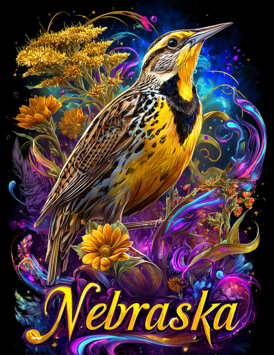 Western Meadowlark Nebraska — Pyschedelic Art, Vibrant Palette Digital Wall Art, 3 Sizes Included, Living Room Decor