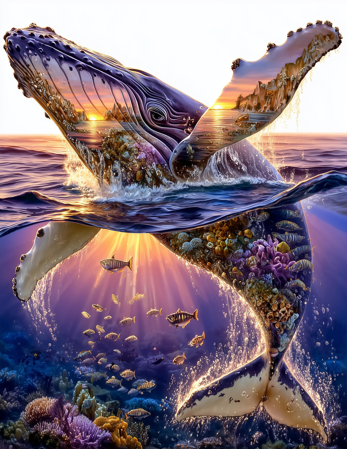 Whale — Double Exposure Art, Sunset Waves Digital Wall Art, 3 Sizes Included, Living Room Decor