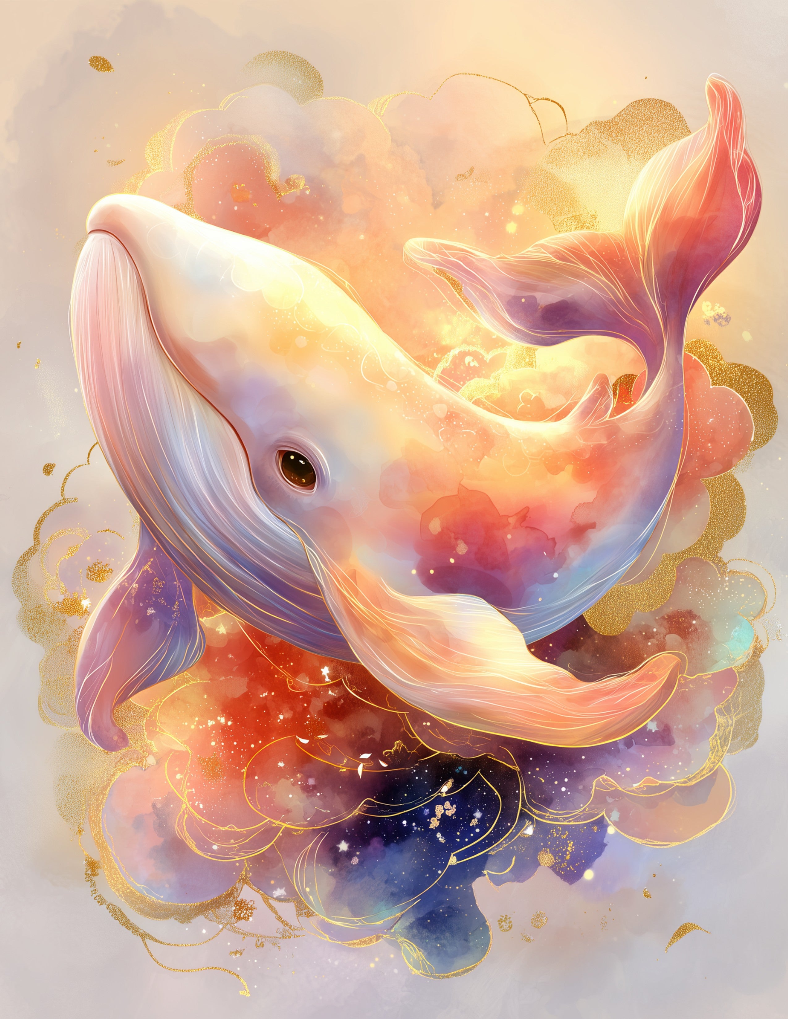 Whale — Nursery Art, Gold Highlights Digital Wall Art, 3 Sizes Included, Nursery Decor