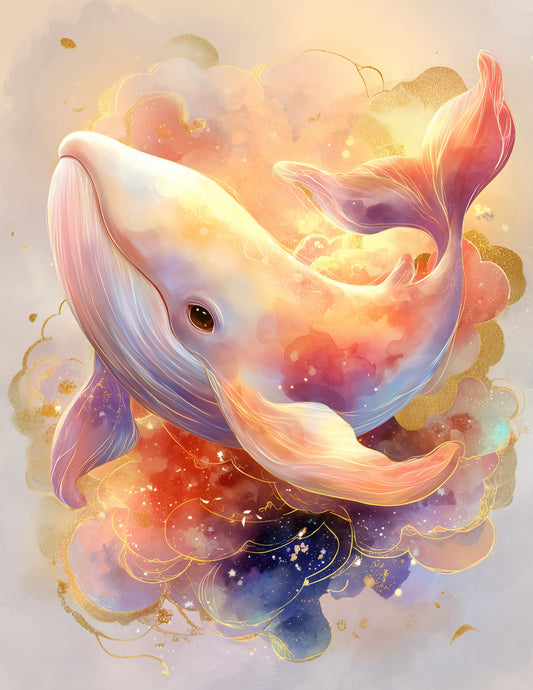 Whale — Nursery Art, Gold Highlights Digital Wall Art, 3 Sizes Included, Nursery Decor