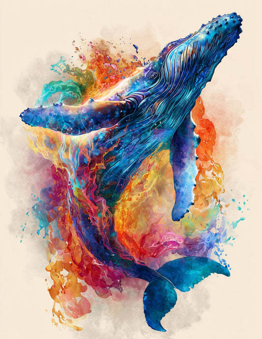 Whale — Watercolor Art, Ocean Burst Digital Wall Art, 3 Sizes Included, Living Room Decor