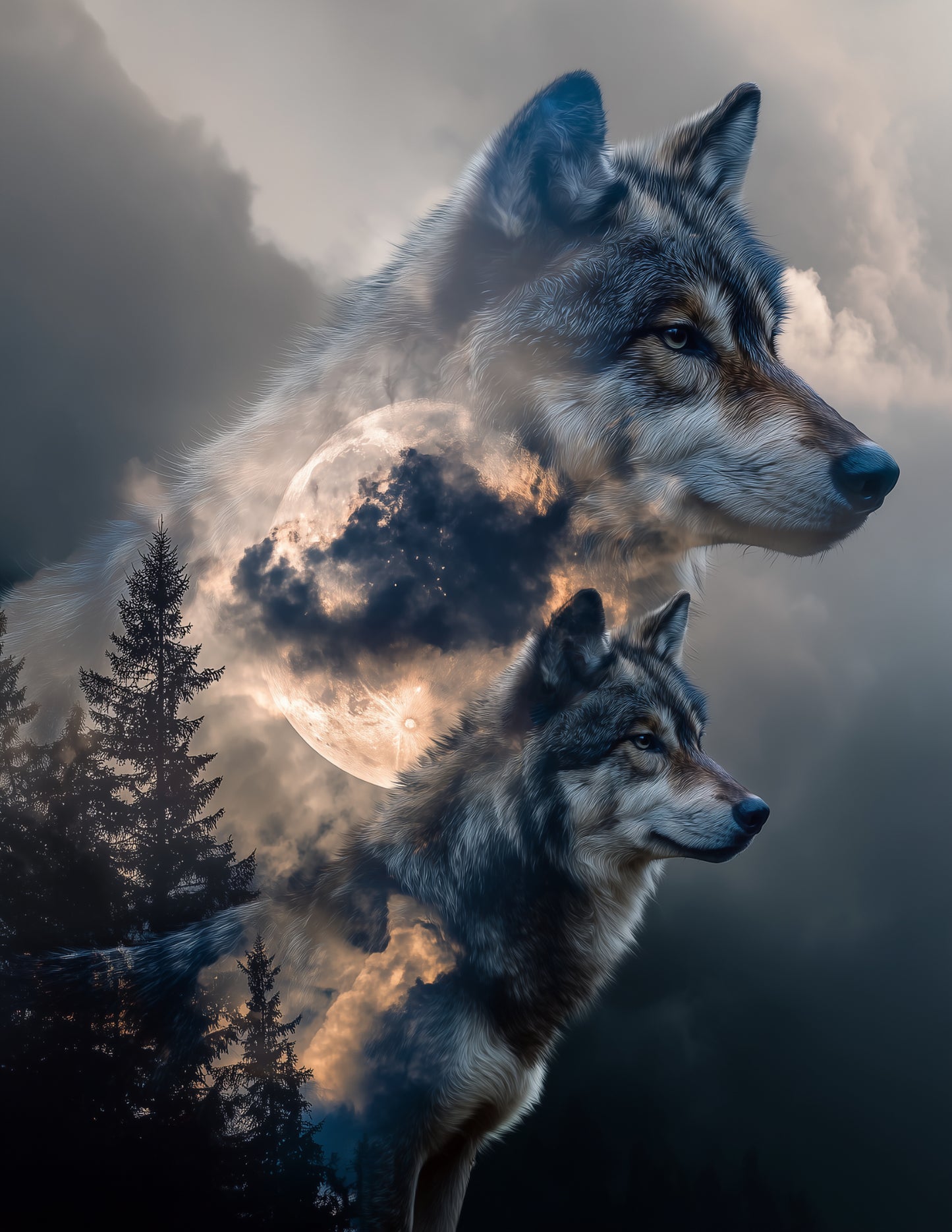 Wolf — Double Exposure Pack Art, Midnight Palette Digital Wall Art, 3 Sizes Included, Living Room Decor