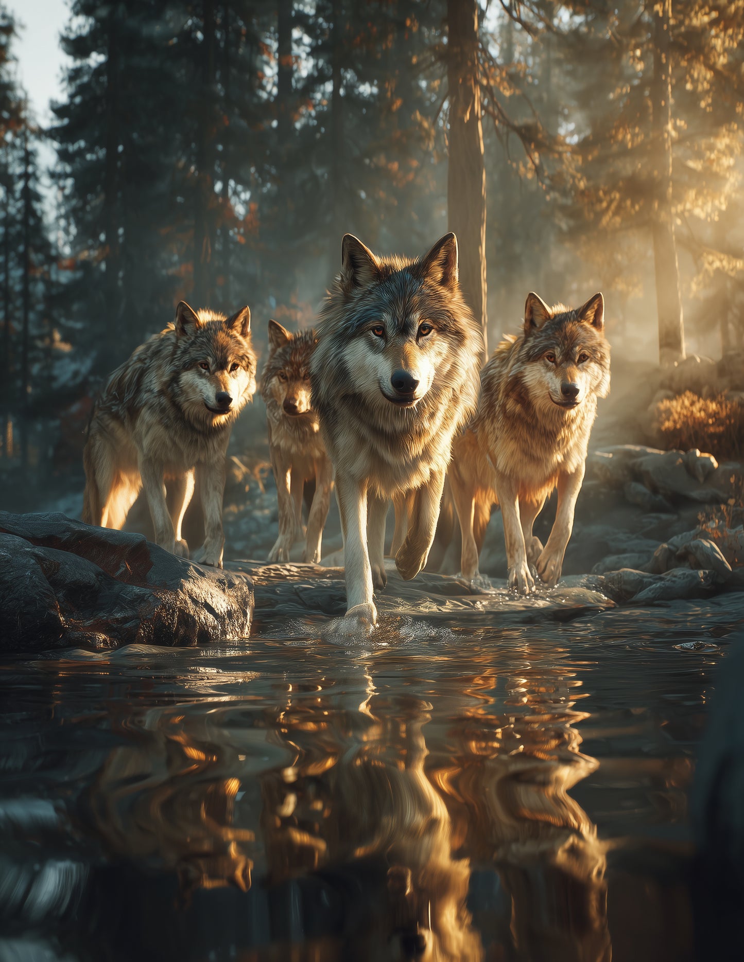 Wolf — Realistic Pack Art, Forest Hues Digital Wall Art, 3 Sizes Included, Living Room Decor