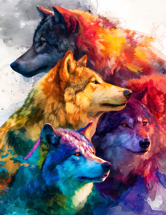 Wolf — Watercolor Pack Art, Soft Gradients Digital Wall Art, 3 Sizes Included, Living Room Decor