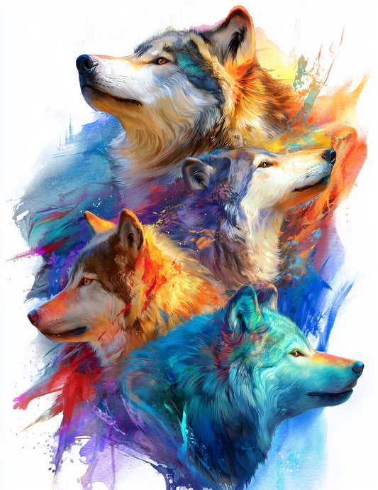 Wolf — Watercolor Pack Art, Vibrant Palette Digital Wall Art, 3 Sizes Included, Living Room Decor