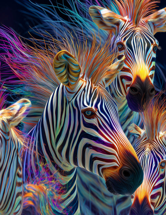 Zebra — Chromatic Filament Herd Art, Midnight Palette Digital Wall Art, 3 Sizes Included, Living Room Decor