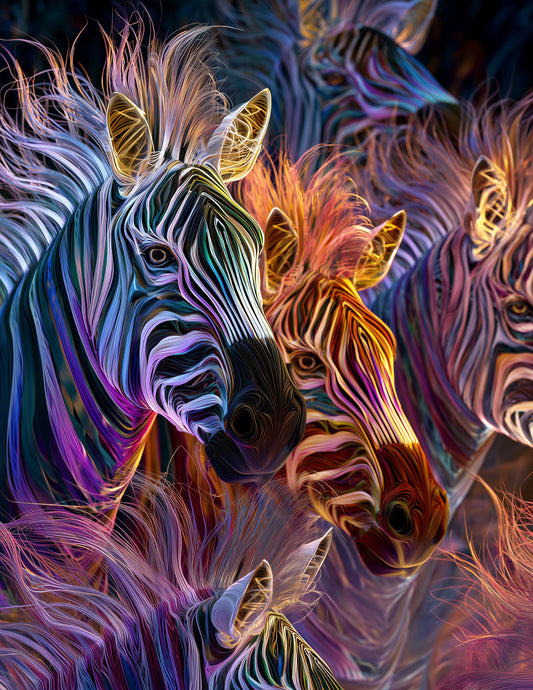 Zebra — Chromatic Filament Herd Art, Sapphire Gradients Digital Wall Art, 3 Sizes Included, Living Room Decor