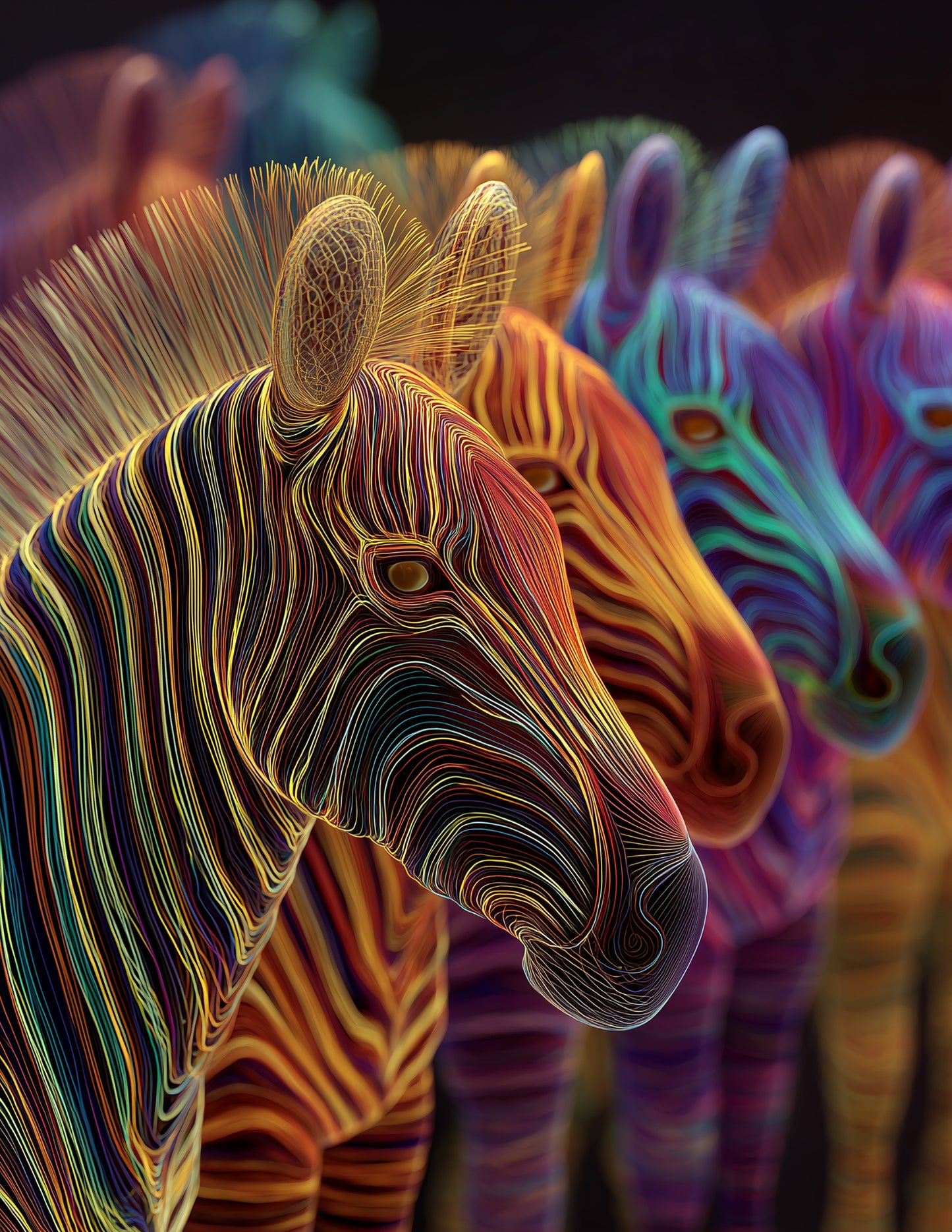 Zebra — Chromatic Filament Herd Art, Vibrant Palette Digital Wall Art, 3 Sizes Included, Living Room Decor