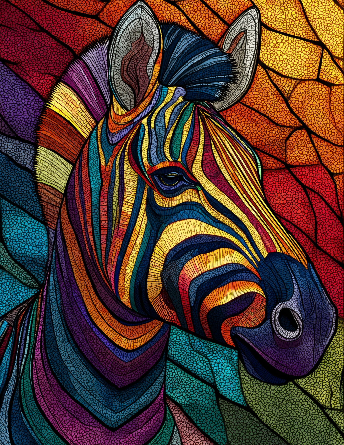 Zebra — Stained Glass Art, Bold Contrast Digital Wall Art, 3 Sizes Included, Living Room Decor