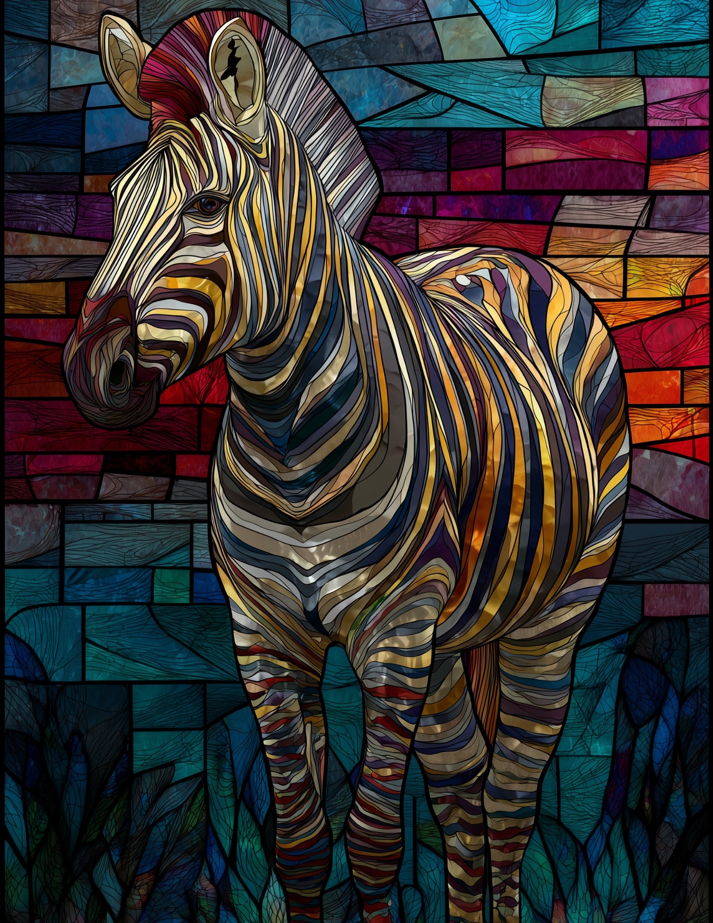 Zebra — Stained Glass Art, Rich Tones Digital Wall Art, 3 Sizes Included, Living Room Decor